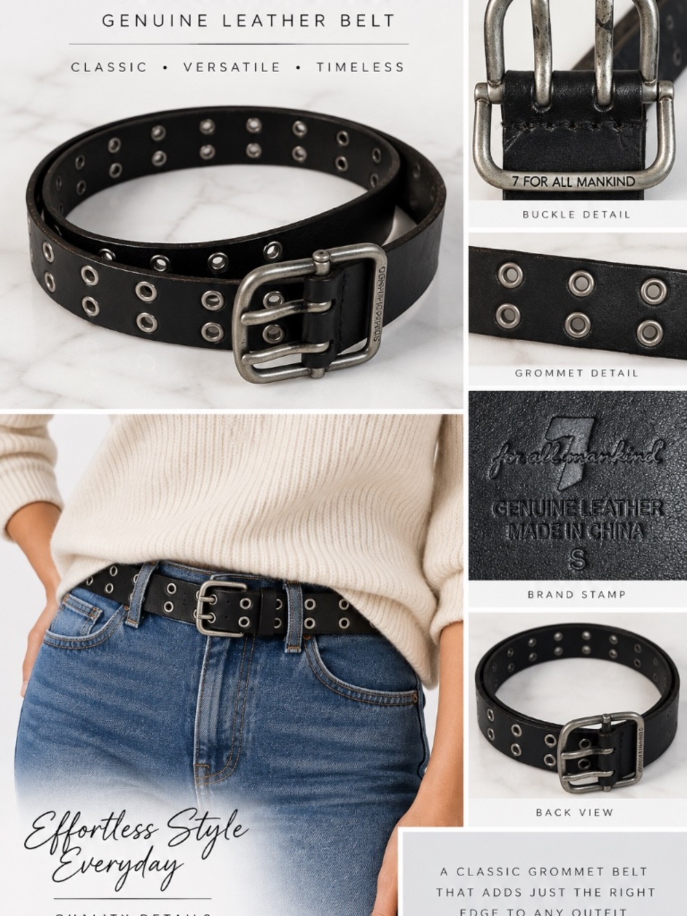 7 For All Mankind Black Genuine Leather Grommet Belt Silver Size S